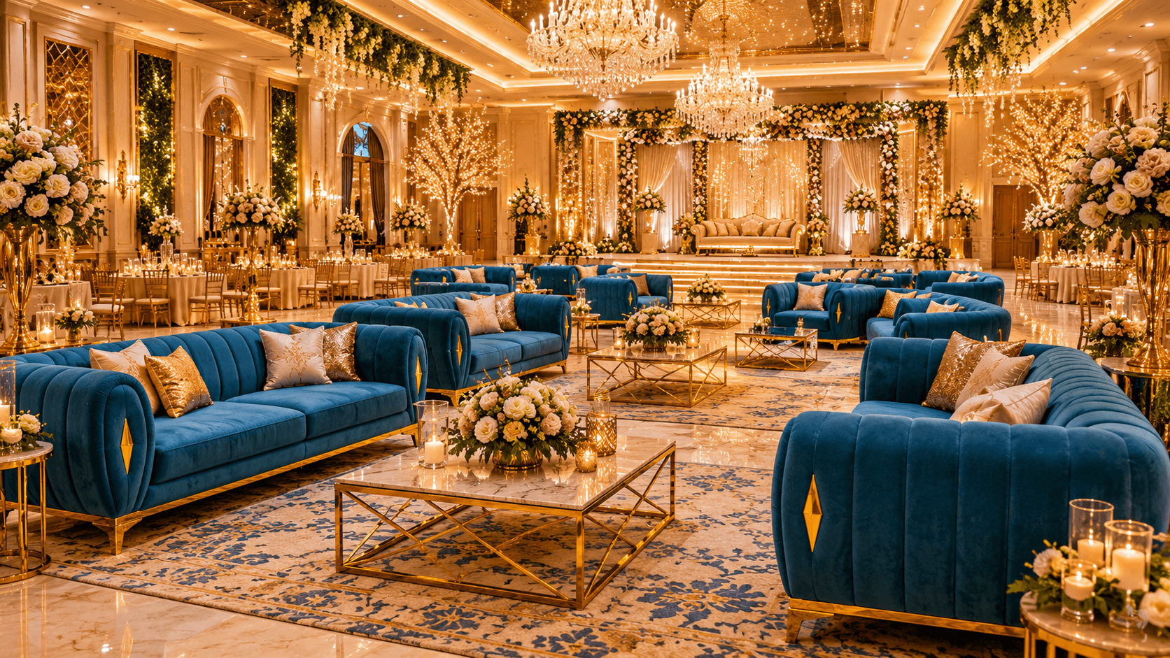 Event lounge with teal velvet sofas, gold coffee tables and floral centrepieces
