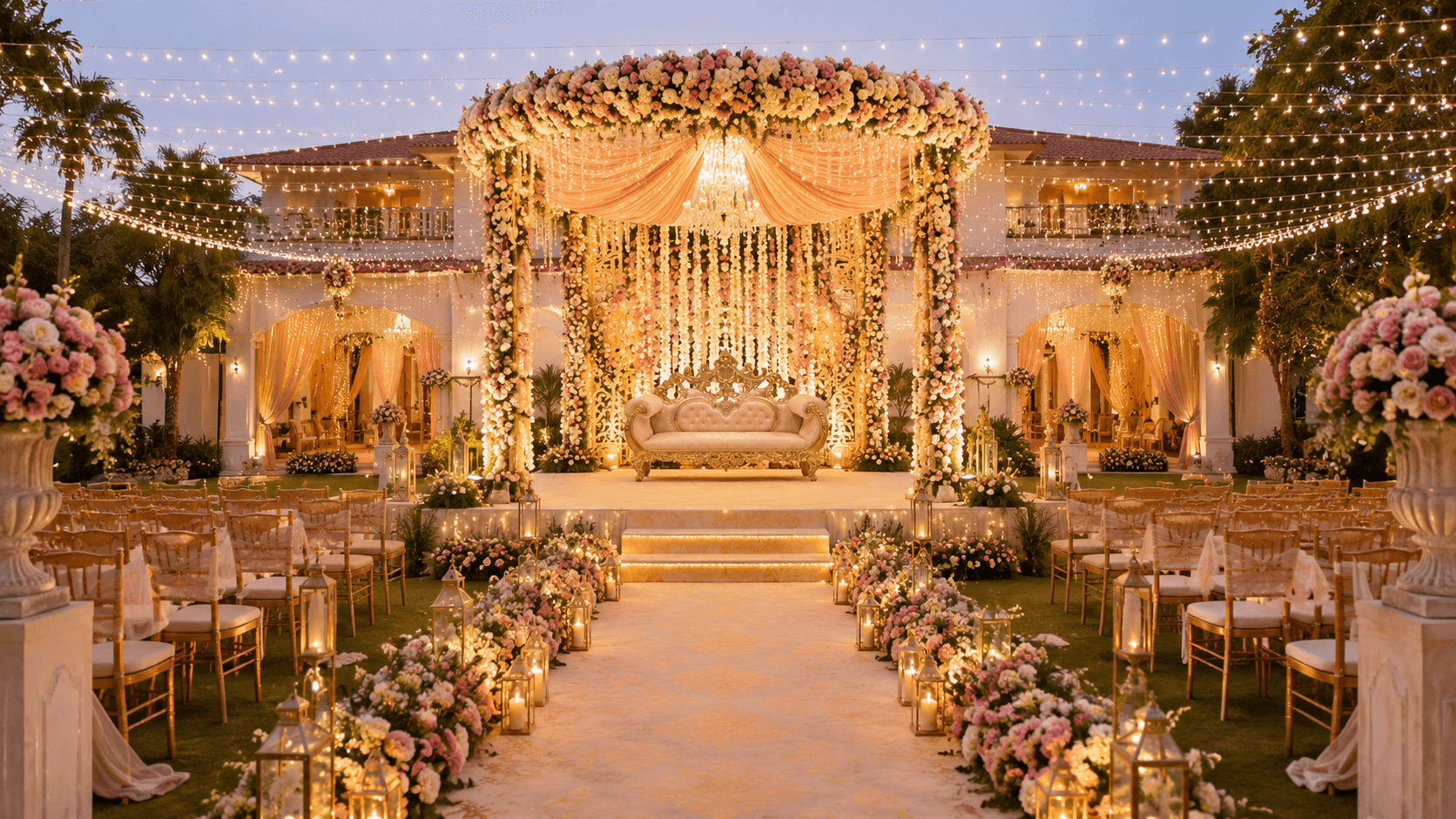 Outdoor jaimala stage with a floral canopy, a gold sofa and a flower-lined aisle