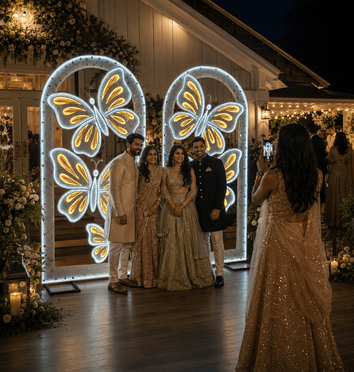 Wedding guests posing at a glowing LED butterfly selfie point