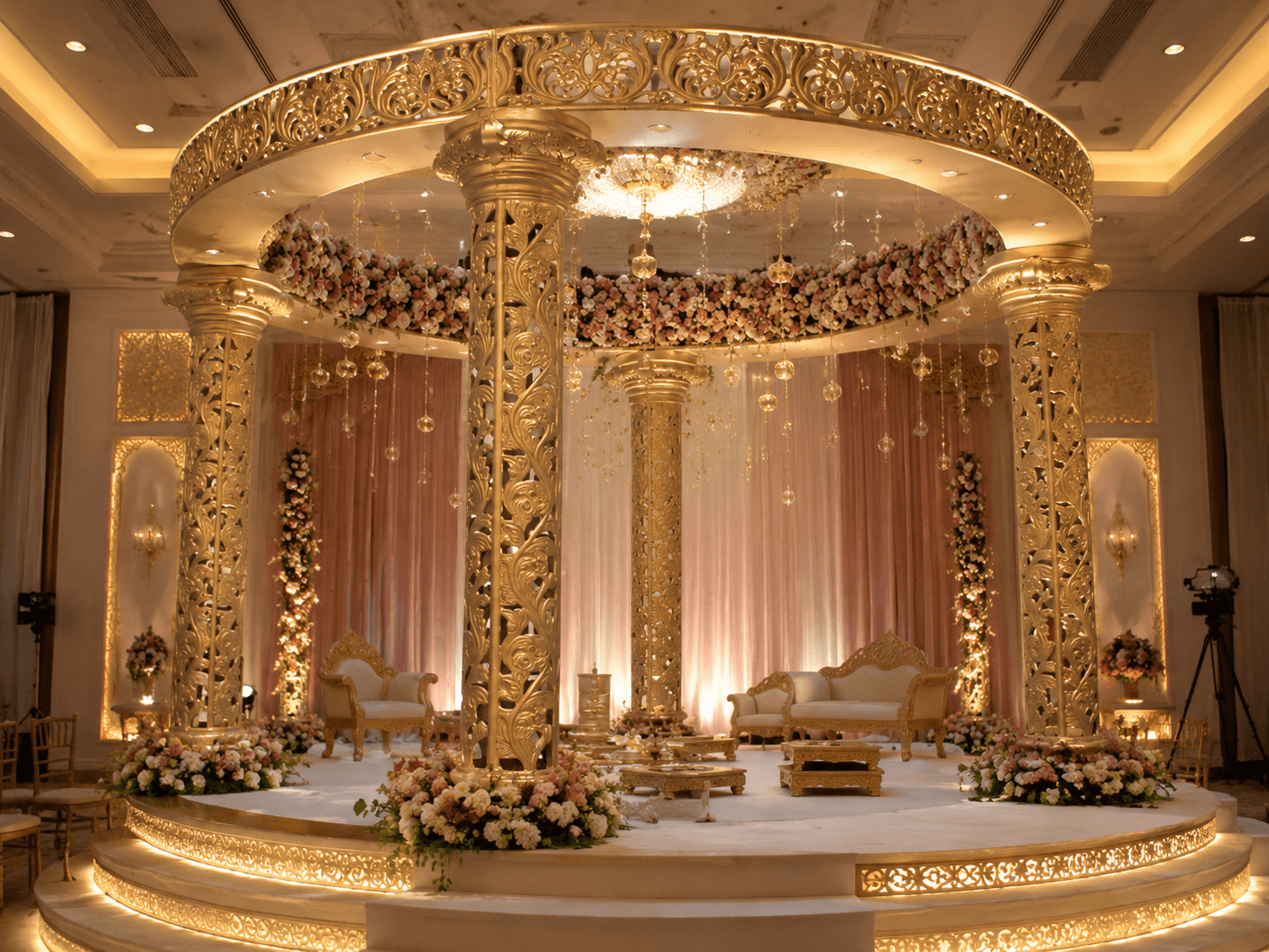 Gold carved mandap with a floral ring and cream drapes on a raised stage