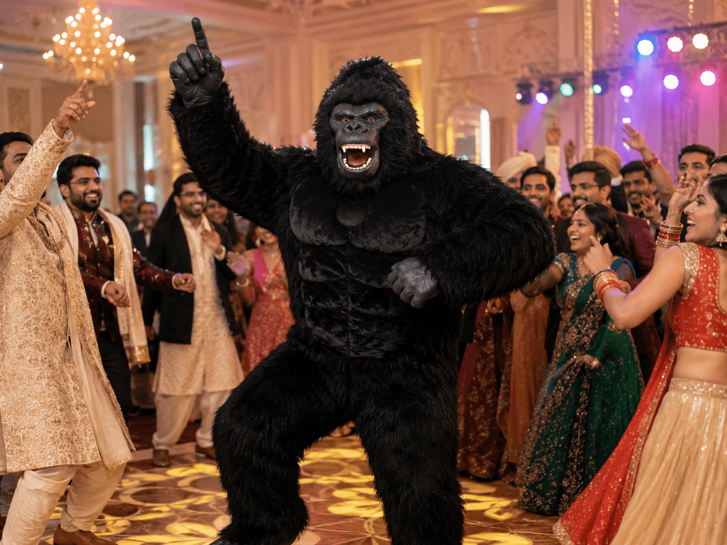 Wedding guests dancing with a performer in a gorilla mascot costume