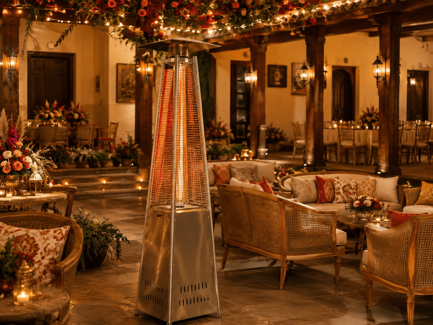 Pyramid outdoor gas heater beside a cane lounge set at an evening event