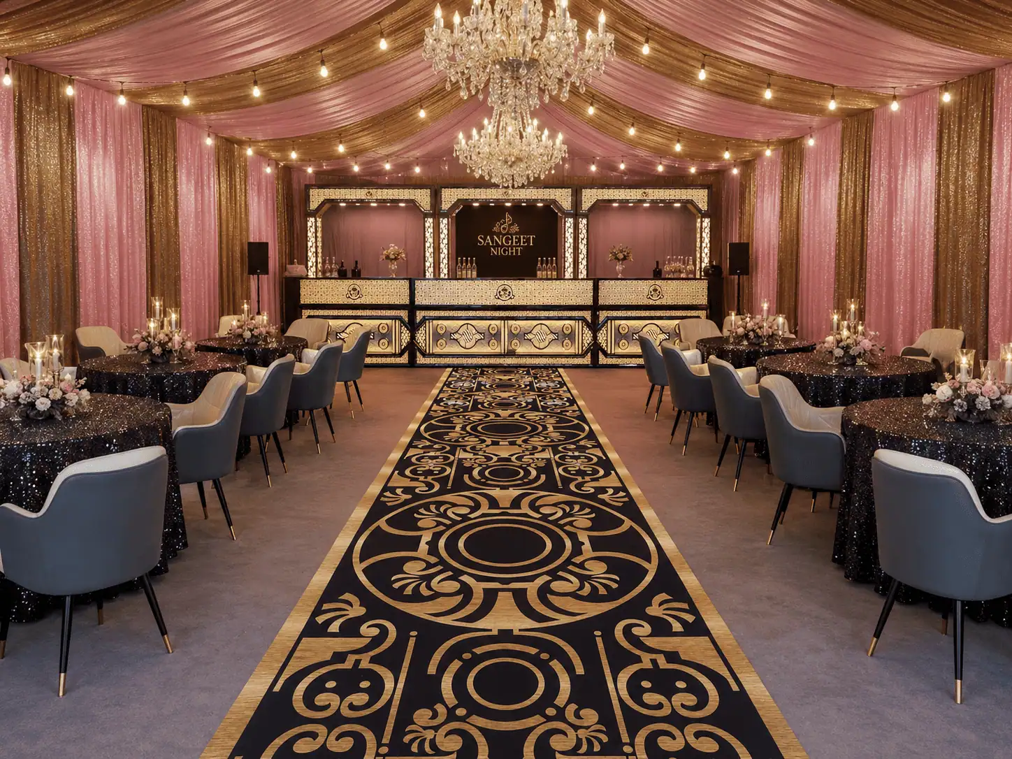 Cocktail and sangeet night lounge with round tables, a patterned carpet and a chandelier-lit bar