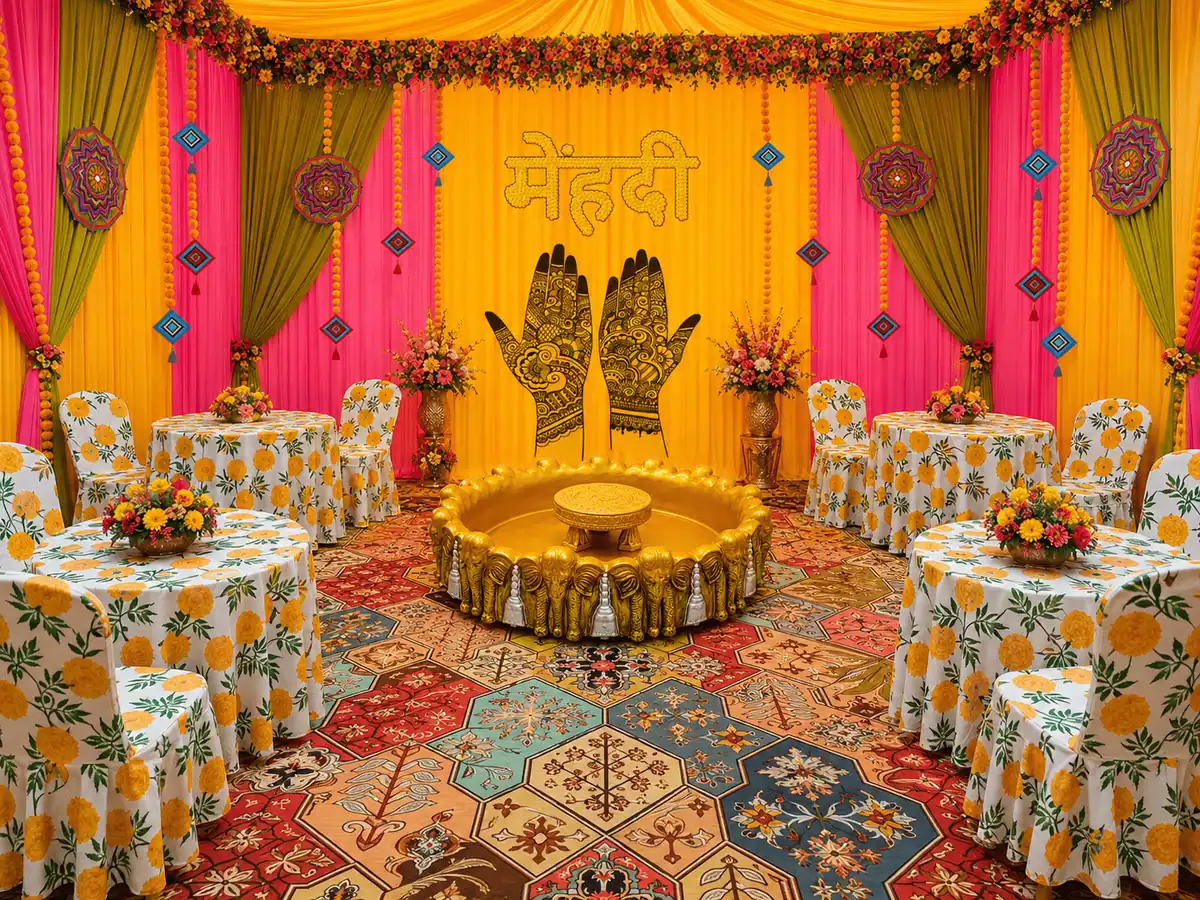 Haldi and mehendi setup with yellow and pink drapes, a patterned carpet and a brass urli