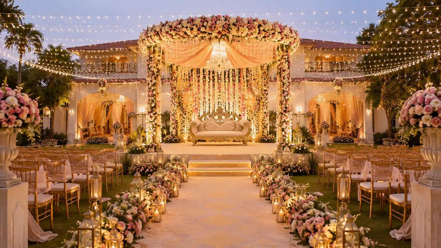 Outdoor jaimala stage with a floral canopy, a gold sofa and a flower-lined aisle