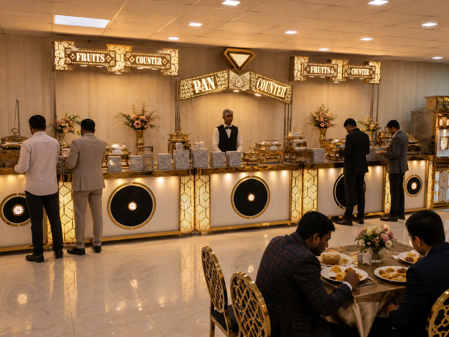 Guests at a banquet hall buffet with illuminated fruit and pan counters