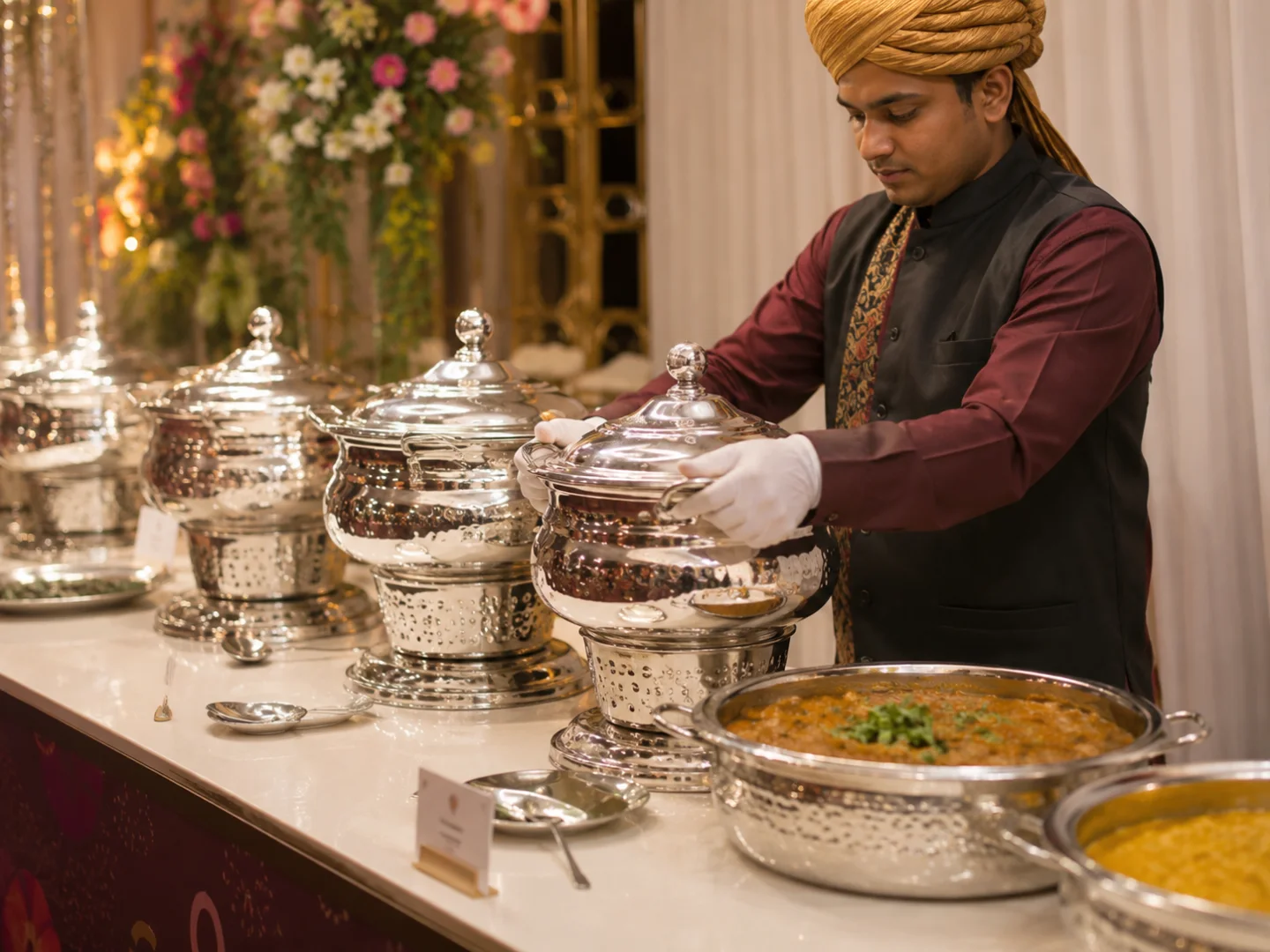Caterer serving food from stainless steel chafing dishes at a buffet counter